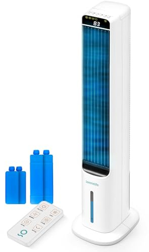 SereneLife Evaporative Air Cooler Tower with Remote, 5L Tank, 4 Ice Boxes, 3 Speeds, Quiet Standing Cooler with Oscillation for Home, Office or Bedroom, Portable & Energy Efficient, 10” x 13” x 39”