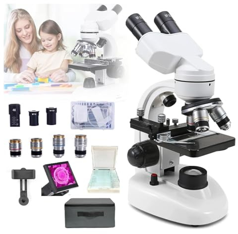 Microscopio binocular: microscopio compuesto con diapositiva, soporte para teléfono móvil y muestras para investigación óptica