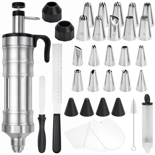 SUNNYNEST 34 PCS Icing Piping Set for Cake Decorating, Stainless Steel Icing Tips & Syringe Kit with Cream Scraper, Reusable DIY Baking Tools for Cupcakes, Desserts & Pastry