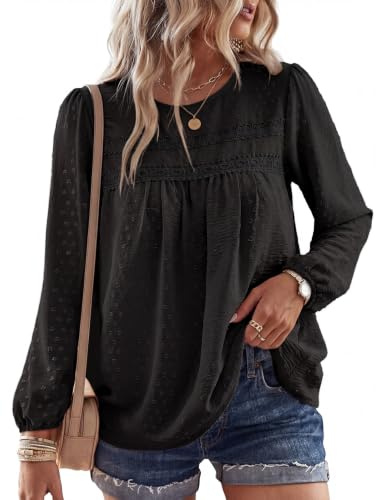 Fashora Chemisier Femme Blouse Col Rond Tee Shirt Manche Longue Dentelle Haut Top Chic et Élégant Tops Lâche Fluide Blouse Automne Tunique (Noir, M)