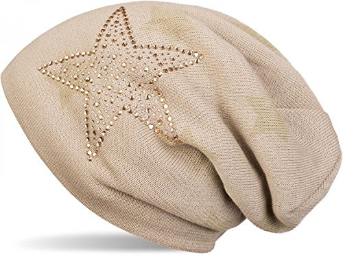styleBREAKER warme Feinstrick Beanie Mütze mit All Over Stern Muster, Strass Stern und sehr weichem Fleece Innenfutter, Unisex 04024084, Farbe:Beige