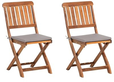 Beliani Gartenstuhl 2er Set Akazienholz Dunkelbraun klappbar Auflagen grau Cento