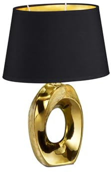 meineWunschleuchte Edle Tischleuchte mit ovalem Stoffschirm Schwarz-Gold, Höhe 33cm
