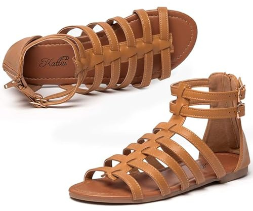 katliu Women's Gladiator Sandal Strappy Flat Sandals Two Ankle Buckle Brown 9