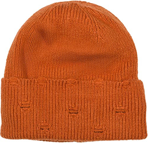 styleBREAKER Unisex Strickmütze mit Rippenmuster und Rissen im Destroyed Look, Thermo-Fleece Innenfutter, Beanie 04024191, Farbe:Cognac