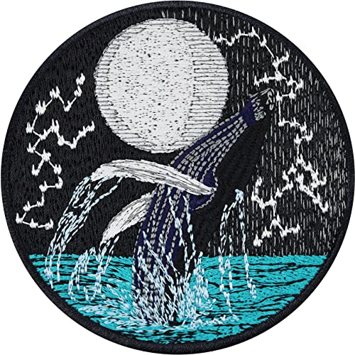 Écusson Thermocollant Baleine bleue SAUVEZ L'OCÉAN | Patch lune Image à repasser | Application pour les océans en pleine lune | 80x80mm