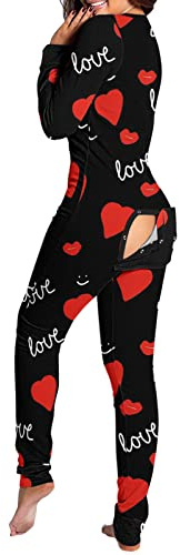 Pyjama long en coton pour femme avec rabat pour fesses - Combinaison avec boutons - Combinaison fonctionnelle avec rabat boutonné - Pour adulte - Pyjama douillet à manches longues