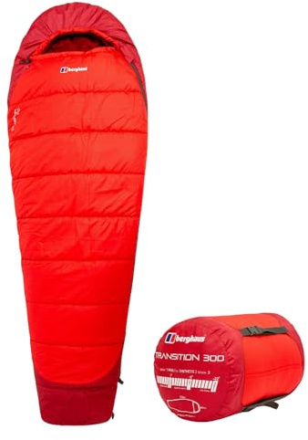 Berghaus Transition 300 Sleeping Bag with Inner Pocket for Adults, Teens, Kids, 1 Person, 3 Season, Waterproof, Indoor & Outdoor Use, Camping, Hiking, Backpacking, Travelling, Compression Bag, Red