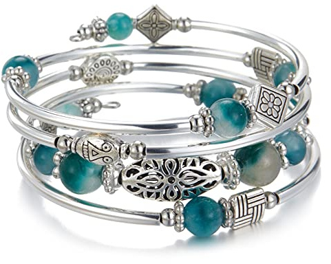 BULINLIN Beaded Silver Bangle Wrap Bracelet for Her, Layered Bohemian Bracelets with Natural Stone, Jewellery Gifts for Women Ladies (Jade Green)