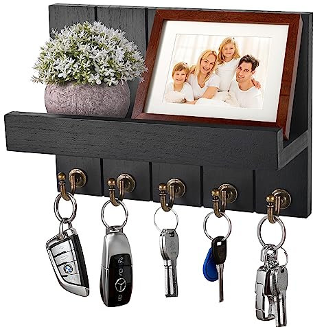 Kldgris Portachiavi da Parete, Portachiavi da Muro，Portachiavi Multifunzione, per Casa Moderno, in Legno, con 5 Ganci per Chiavi, per Ingresso, Cucina, Ufficio, Bagno e Soggiorno, Nero