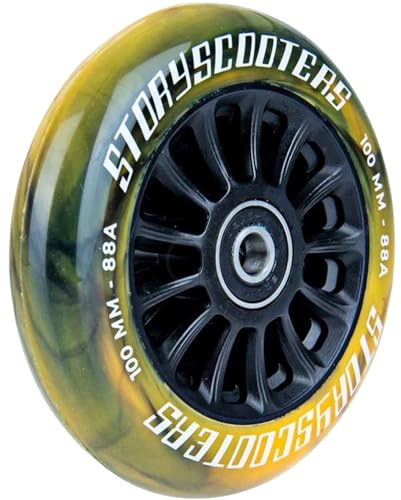 Story 10 Spoked Stunt-Scooter - Rodillo de repuesto para patinete de truco con rodamiento de bolas Abec9 Speed de 100 mm, color negro y amarillo
