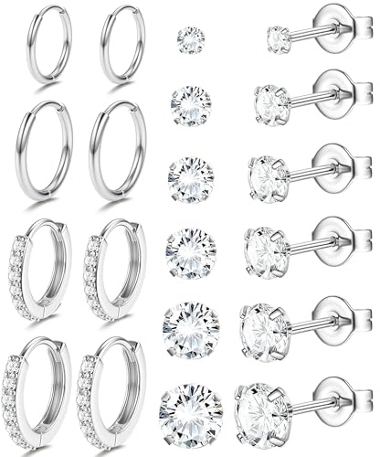 JeweBella 10 Paia Classico Orecchini Acciaio Chirurgico Donna Uomo Piccoli Orecchini Cerchio Anallergici Piercing Orecchini a Bottone Set Impilabili Orecchini a Lobo Orecchini Donna Argento/Oro