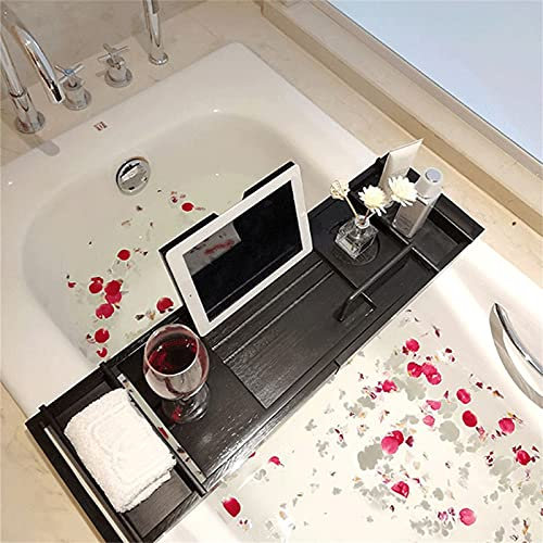 Premium Badewannentablett aus Bambus - Verstellbare Badewannenbrücke mit Teleskopfunktion (75-110 cm) für Ablage und Aufbewahrung in Wohnungen, Hotels und Badezimmern (Schwarz)