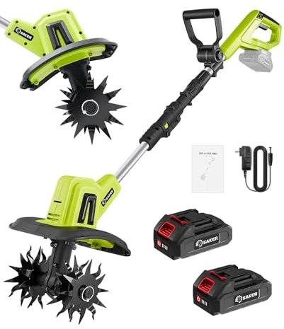Saker Motozappa elettrica senza fili da giardino, 22 V, rototiller leggero con 2 batterie da 2,0 Ah e caricabatterie, larghezza di fresatura 22 cm, profondità 16,3 cm per preparazione del terreno,