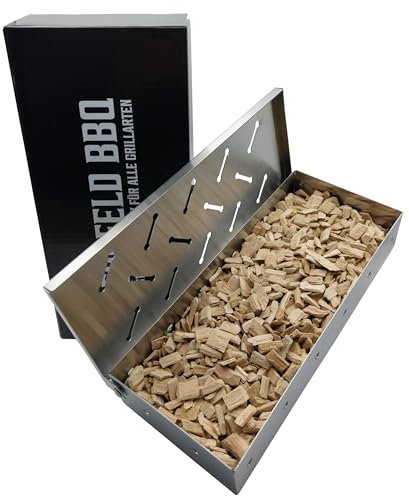 Bergfeld BBQ – Räucherbox inkl. Räucherchips für alle Grillarten – Smokerbox aus robustem Edelstahl zum Grillen – BBQ-Aroma für Fleisch, Fisch & Gemüse (Größe: 22 x 9,5 x 4 cm)