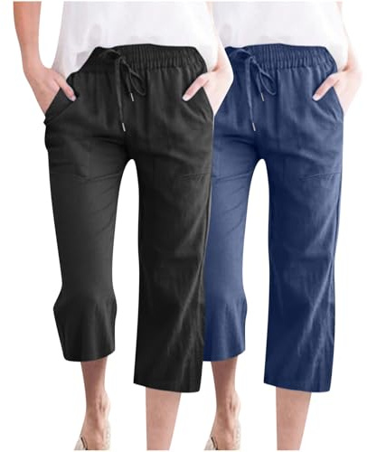 2 Pack Cotton Linen Trousers for Women UK Elasticated Waist Capri Pants Ladies Drawstring 3/4 Length Trouser Summer Cropped Pant Solid Color Loose Fit Casual Straight Leg Bottoms with Pockets S-3XL
