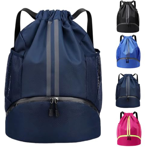 Arae Drawstring Backpack Gym bag with Shoe Compartment & Wet-Proof Pocket Sports Bag for Basketball, Soccer, Swim Travel (Striped Dark Blue)
