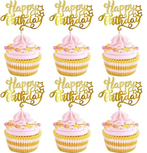 Xsstarmi 24 Pack Happy Birthday Cupcake Toppers Star Glitter Celebrating Birthday Cupcake Picks for Baby Shower Birthday Party Cake Decorations Supplies Gold