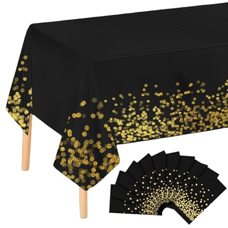 WIYETY 10 stycken svart och guld party bordsduk, vattentät bordsduk, pappersduk rulle, fest prick bordsduk, rektangulär duk lämplig för födelsedagsdekoration, bröllop, 137 x 274 cm, svart