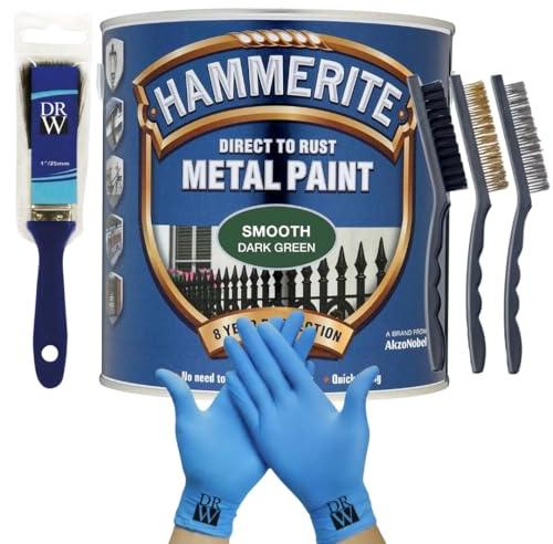 DRW Hammerite Direct to Rust Metal Paint Smooth Dark Green 250ml 1 Paint Brush, 3 Wire Brush Set & Free Nitrile Gloves | Durable Rust Protection for Indoor & Outdoor Metal