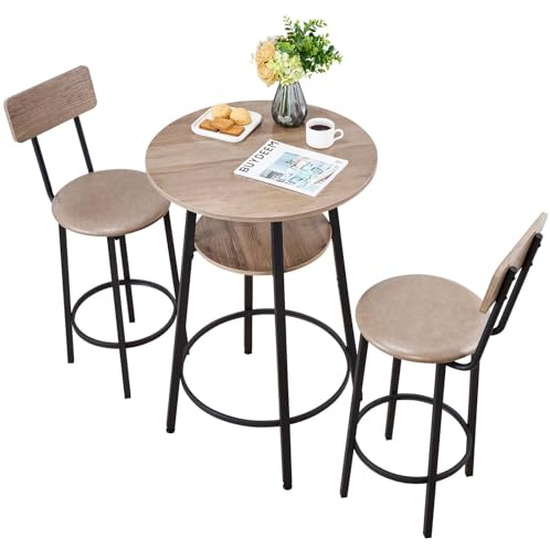 VEVOR Ensemble Table de Bar avec Tabourets 3PCs, Table Haute de 60 cm avec Deux Chaises aux Angles Arrondis, pour Salle à Manger Bureau Coin Repas Bistro, Mange-Debout Ronde, Gris Clair et Noir