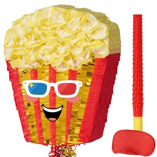 WERNNSAI Popcorn Pinata Birthday Party Decorations with Blindfold and Stick | Popcorn Pinata for Video Movie Night Holiday Celebration Parties Carnivals Supplies