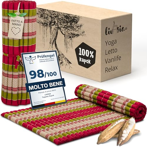 livasia colchón/esterilla enrollable L amplio y cómodo - 200x110x4,5cm - Cama invitados bordada 1 persona, Cama de viaje, Esterilla tailandesa de kapok para jardín/balcón artesana (Rojo/Verde)