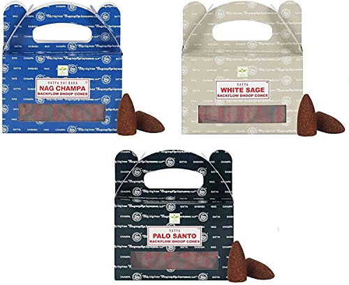 The Smudge Stick Shop Dhoop Rückfluss Räucherkegel: Nag Champa, Weißer Salbei, Palo Santo - 3 Boxen à 24 Stk. für Meditation und Achtsamkeit