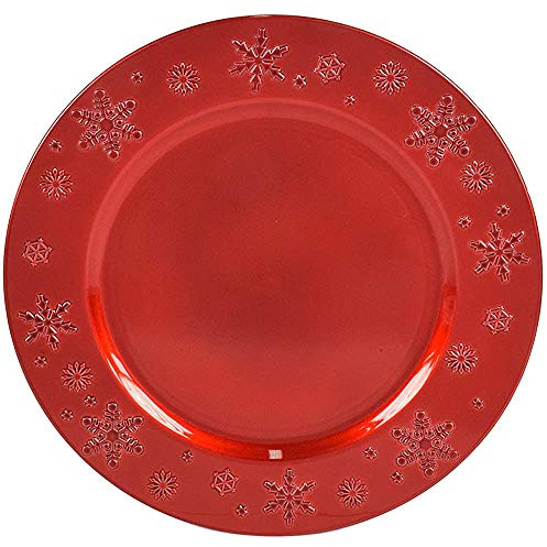 Aurora Store 12 Sottopiatti Bordo Fiocchi di Neve Rosso in plastica Rigida Bordo Liscio Tondo 33 cm Natale cenone sotto Piatto Natalizio Capodanno Natale Cena Aperitivo