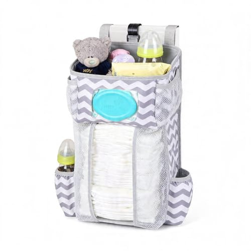 TOFOAN Hanging Diaper Caddy Organizer for Crib, Baby Diaper Holder with 3 Compartments, Water-Resistant Nursery Storage Bag for Changing Table, Playard, Wall, Ripple Grey