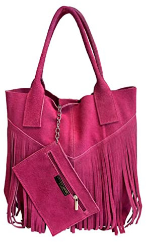Modarno Bolso shopper para mujer de piel auténtica de ante con flecos más estuche para joyas del mismo color - Bolso de mano - Bolso de hombro, fucsia