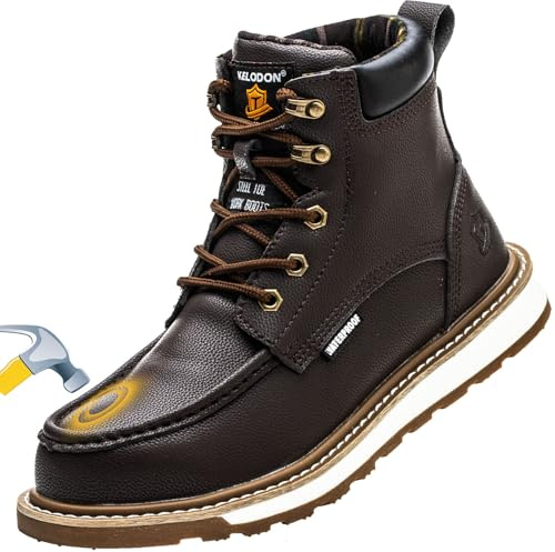 KELODON Waterproof Steel Toe Boots For Men-6 Leather Moc Toe Work Boots Mens Steel Toe Shoes Indestructible Non Slip Resistant Construction Safety Boot,Dark Brown,size 9 Men