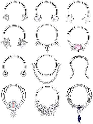 Jstyle 16G 10MM Septum Rings for Women Hypoallergenic Surgical Steel Septum Jewelry Heart Butterfly Nose Lip Piercing Hoop-Silver