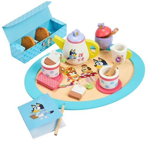 Bluey Wooden Tea Party Set – 18-Piece Pretend Play Set with Teapot, Cups, Biscuits, Tray & Notepad – FSC Certified Eco-Friendly Toy for Kids Aged 3+ – Creative Role-Playing Fun