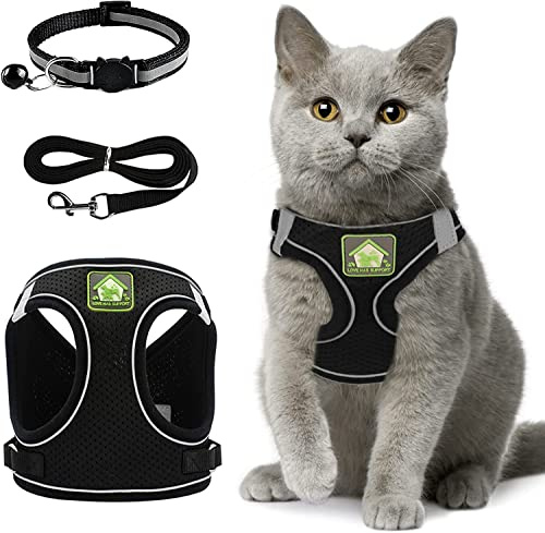 Harnais Chat Anti évasion Ensemble, Harnais Chaton Réfléchissant, Harnais Chat Respirant Et Réglable, Collier Harnais Et Laisse en Maille pour Animaux De Compagnie Lapin Chats Et Chiots (Noir) M