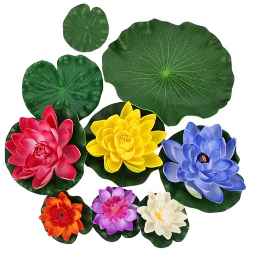 RORPOIR Artificial Floating Water Lily Simulated Lotus Decoration 9-Piece Lily Pads Set 11.02 Inch Diameter Realistic Simulation Plant Decor for Pond Garden Patio Aquarium