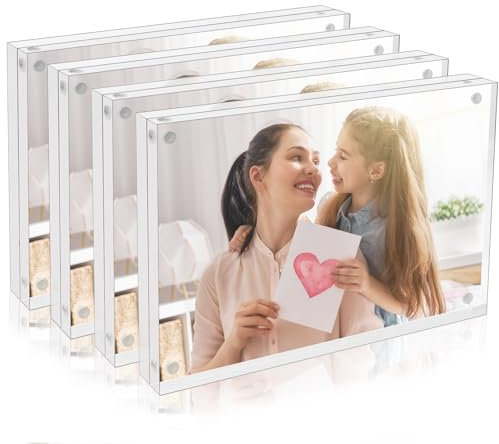 Picture Frames Acrylic, 4 Pack 6 x 4 inch (15 x 10 cm) Acrylic Frame, 20mm Thicker Lucite Double Sided with Magnetic Closure, Clear Frameless Design for Elegant Picture Display