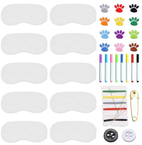 10 maschere per gli occhi per dormire, 8 penne colorate, 12 toppe di stoffa ricamate, 1 kit da cucito, maschere per gli occhi per i giochi, maschere per gli occhi fai-da-te