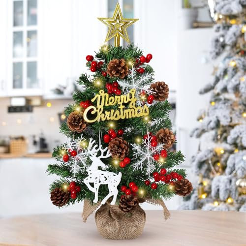 DEMIUKO Small Christmas Tree with Lights 60CM Mini Xmas Tree LED Lit Tabletop Artificial Pine Tree with Star Topper Berry Pinecone DIY Crafts Christmas Decoration for Holiday Party Indoor Home Office