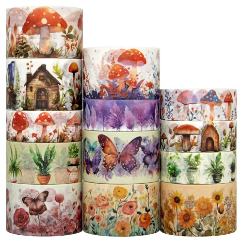 Jniseger Washi Tape Set 13 Rolls - Mushroom Butterfly Floral Decorative Tape, Colored Masking Tape for Scrapbooking Supplies, Bullet Journal Supplies, Junk Journal, DIY Crafts Art