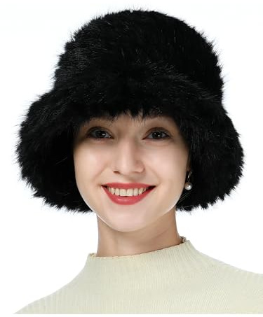soul young Women's Faux Fur Bucket Hat Fluffy Winter Warm Fisherman Cap(One Size,Black)