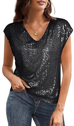 GRACE KARIN Blusa de Lentejuelas para Mujer, Cuello en V, Brillante, Manga Corta, Vintage, Blusa de cóctel, Club, Noche, Negro, M
