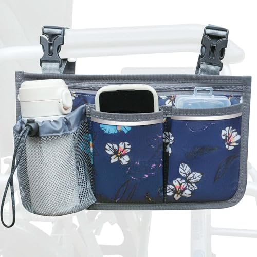 SHIFANQI Bolsa para silla de ruedas, bolsa para andador, bolsa lateral para silla de ruedas, bolsa organizadora para reposabrazos con accesorio para portavasos y tira reflectante, accesorios para la