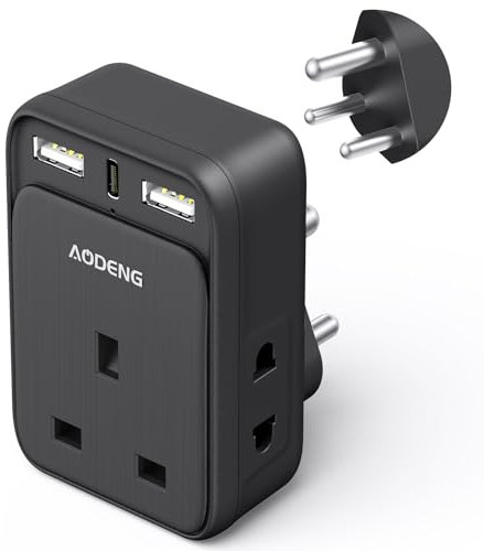 AODENG UK to India Plug Adapter, Grounded UK to India Travel Adapter with 3 USB Ports 32W USB C Fast Travel Charger, Travel Adaptor Plug UK to india for India, Pakistan, Sri Lanka, Yemen(Type D)