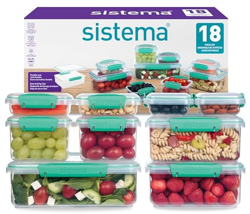 Sistema KLIP IT Food Storage Containers | Airtight & Stackable Meal Prep Containers with Lids | School Lunch Boxes & Snack Boxes | 18 Count (9 Containers & Lids)