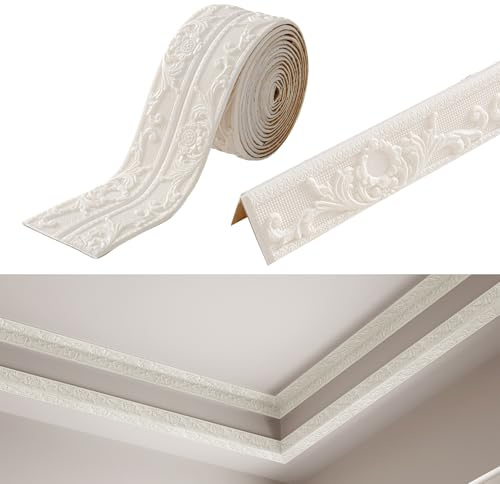 Inscrip Bordüre Selbstklebend, 5M*10cm*8mm, 3D Stuckleisten Wand, Zierleisten, Wasserdicht Wandbordüre, Leisten Selbstklebende,Roll Border Trims für Ecken Linien Decken Dekoration (Weiß)