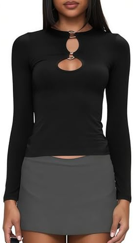 Sukiglam T-Shirts à Manches Longues Femme Sexy Keyhole Haut Chic et Elegant Y2K Top Ajustée Découper Tee Shirt Casual Basique Blouse Moulant Tops Couleur Unie Chemisier pour Automne Hiver
