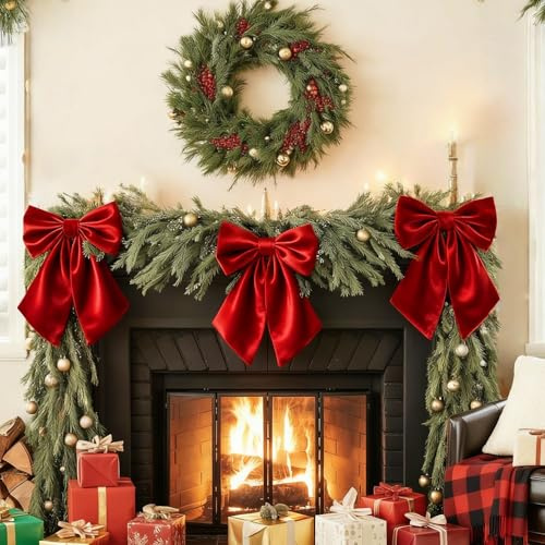 Big Red Bows for Christmas Tree Topper, 23x11 In Ruby Red Satin Bow Christmas Tree Decorstions for Hoom Wall Backdrop Room as Crib Skirt for Holiday Bow Decor Xmas Valentine's Day (Heavyweight Satin)