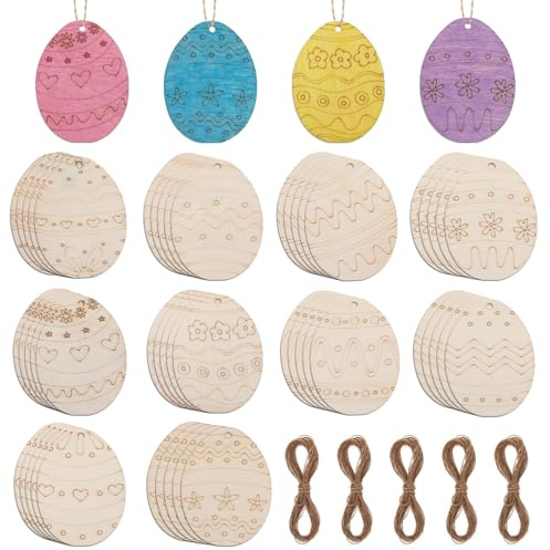 ShinherYee Huevos de Pascua Juego de manualidades de madera para niños, 50 unidades, decoración de Pascua para manualidades, manualidades creativas con niños, huevos de madera para pintar y colgar