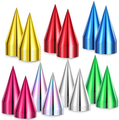 Oqqlin 120 Pcs Cone Birthday Party Hats Bulk, Colorful Paper Party Hats 6.5x4.5 Inch Metallic Foil Hat with Elastic String for Kids, Adults, Stuffed Animals - Assembly Required (7 Colors)